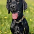 Black Labrador wearing a floral gundog collar in a sunny meadow with yellow flowers.