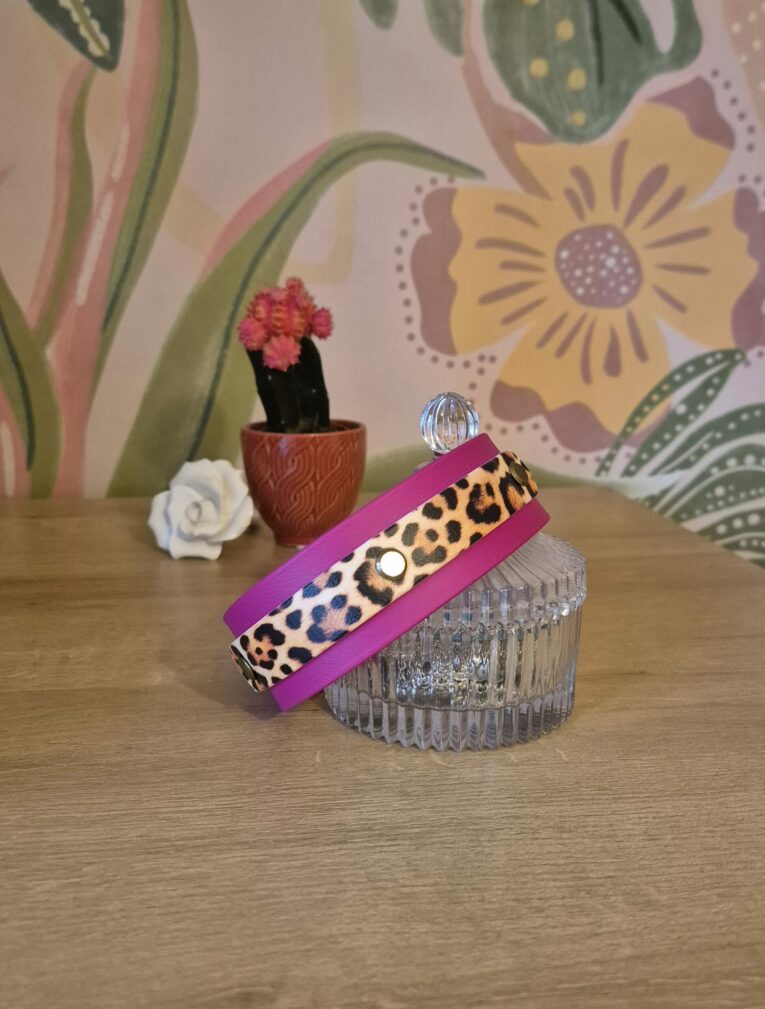 Leopard print handmade BioThane dog collar with vibrant pink band and silver hardware, displayed on glass container.
