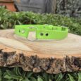 Bright lime-green handmade BioThane gundog collar with silver hardware, displayed on wood in a garden setting.