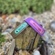 Two personalised nameplate collars displaying "IGOR" and "PHOENIX" in vibrant turquoise and purple BioThane.