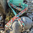 Turquoise BioThane dog lead with vibrant patterned webbing, coiled on a garden stone.