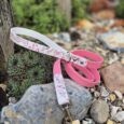 Pink and white floral BioThane dog lead with matching pink handle, displayed on garden stones beside succulents.