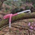 Pink BioThane dog lead with floral printed handle, draped over moss-covered branch with blooming flowers.