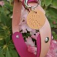 Pink and natural BioThane double-layered hound collar with engraved brass tag reading 'BRÓD' and mountain design.