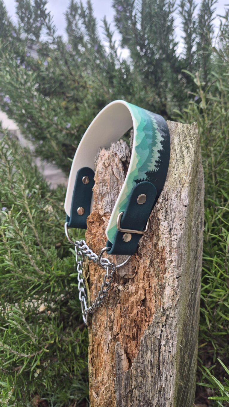 Handmade BioThane dog collar with printed half check design in turquoise and black, attached to wooden post with chain lead.