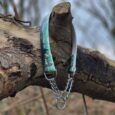 Handmade BioThane dog collars in turquoise and dark tones with metal hardware, displayed on a wooden branch.