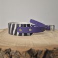 Purple BioThane dog collar with zebra-stripe printed panel and silver buckle hardware, displayed on wooden surface.