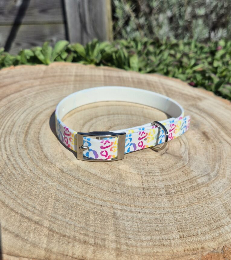 Colourful rainbow leopard print handmade BioThane dog collar with chrome buckle on wooden surface.
