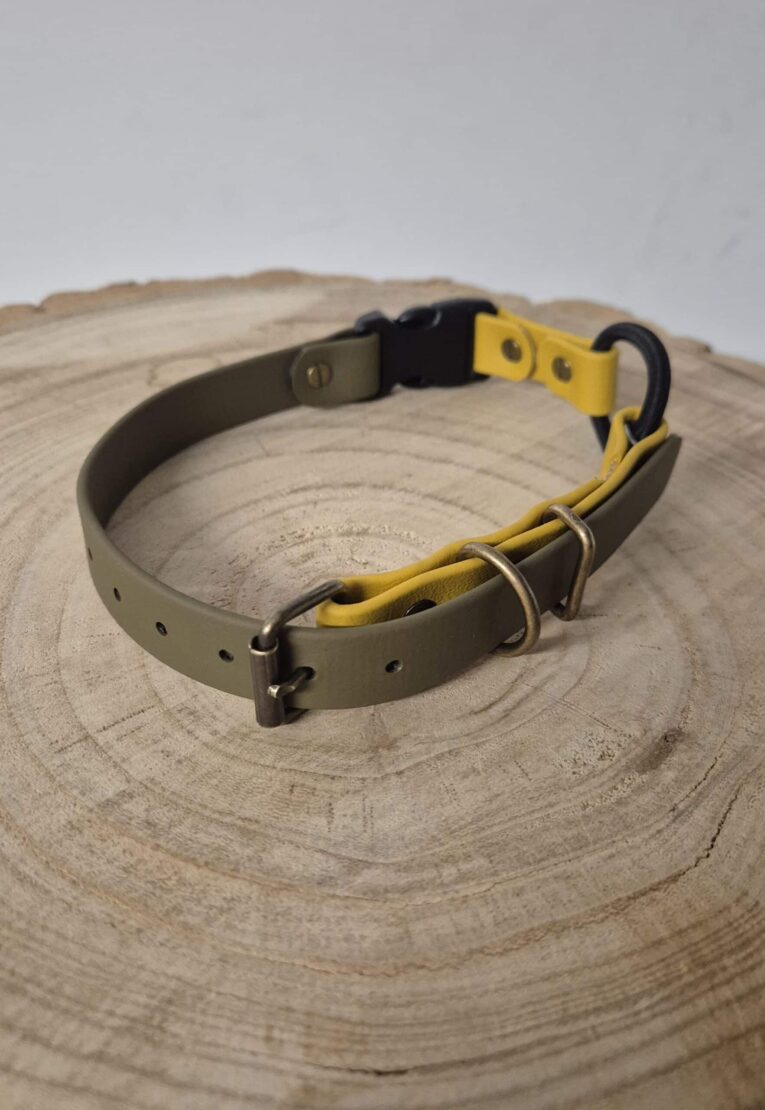 Handmade BioThane dog collar replacement strap in grey with yellow accent detail and metal fittings.