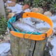 Bright orange BioThane replacement bungee strap with turquoise webbing, displayed on weathered wooden post in snowy garden setting.