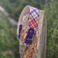 Tartan martingale dog collar with purple BioThane hardware, displayed on weathered wood outdoors.