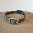 Waterproof BioThane dog collar with stainless steel buckle and D-ring, displayed on wooden surface.
