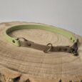 Handmade BioThane half slip dog collar in lime green and taupe with brass hardware on wood.