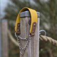 Waterproof martingale dog collar with yellow BioThane handle and brown BioThane tabs, secured to wooden post with chain.