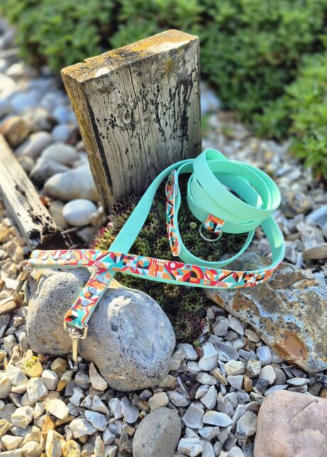 Turquoise waterproof printed BioThane dog lead coiled beside a wooden post on pebbled ground.