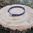 Purple waterproof slip collar with silver hardware displayed on a wooden tree cross-section