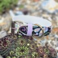 Handmade BioThane dog collar with vibrant paisley pattern, purple keeper and antique brass hardware, displayed on purple succulent plant.