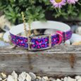 Vibrant neon pink leopard print BioThane dog collar displayed on weathered wood with blooming daisies behind.