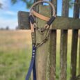 Handmade BioThane lead attached to wooden fence post in countryside setting.