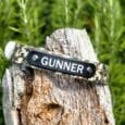Gundog collar with camouflage BioThane and black nameplate reading 'GUNNER' on weathered wood post