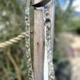 Handmade BioThane dog collar with patterned webbing and metal hardware, displayed on weathered wood post outdoors.