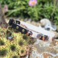 Doberman wearing a black BioThane dog collar with brass hardware, displayed in a sunny garden setting with pink flowers.