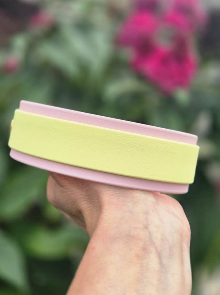 Hand holding pastel pink and yellow handmade BioThane dog collars against a blurred garden backdrop.