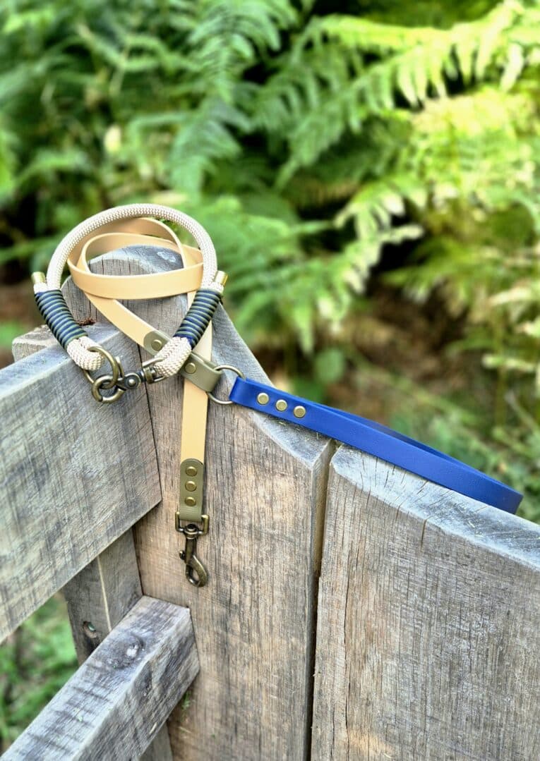 Handmade paracord dog collar and biothane lead displayed on wooden fence with lush greenery backdrop.