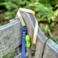 Blue BioThane dog lead with cream handle and green waste bag dispenser attached to wooden fence.