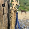 Handmade paracod dog collar and biothane lead set displayed on weathered wood by coastal beach.