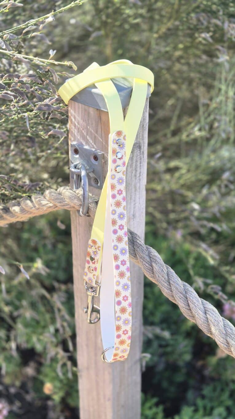Pastel yellow ribbon attached to wooden post with floral patterned BioThane dog collar detail, garden setting.