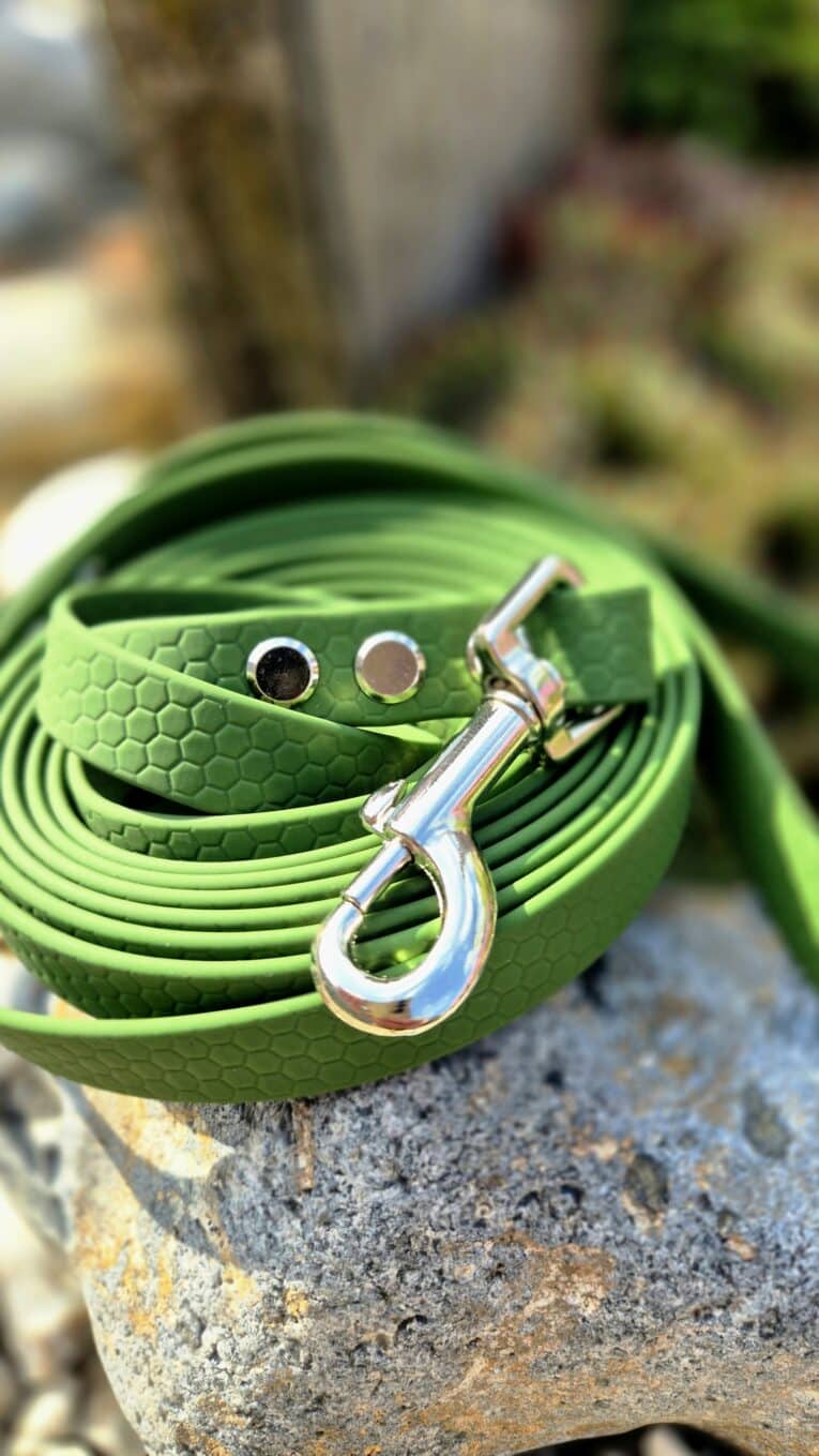 Bright green waterproof BioThane dog lead coiled on stone, featuring silver carabiner clip and stud fastenings.