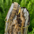 Two adjustable BioThane dog collars with brass buckles and chain leads displayed on weathered wood.