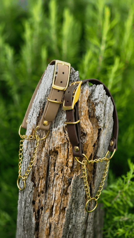 Two adjustable BioThane dog collars with brass buckles and chain leads displayed on weathered wood.