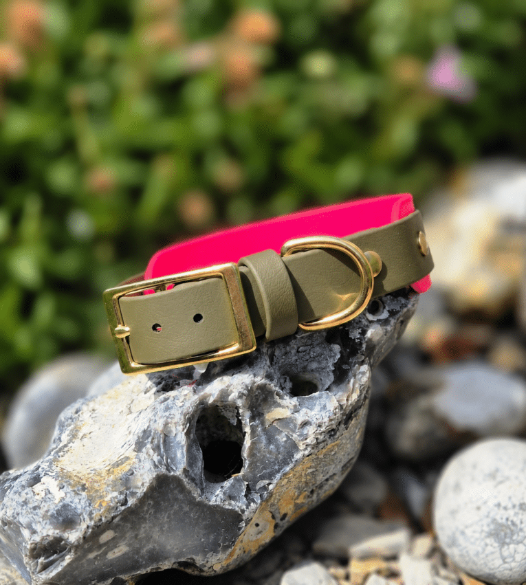Pink and khaki handmade BioThane hound collar with brass buckle and D-ring on weathered stone.