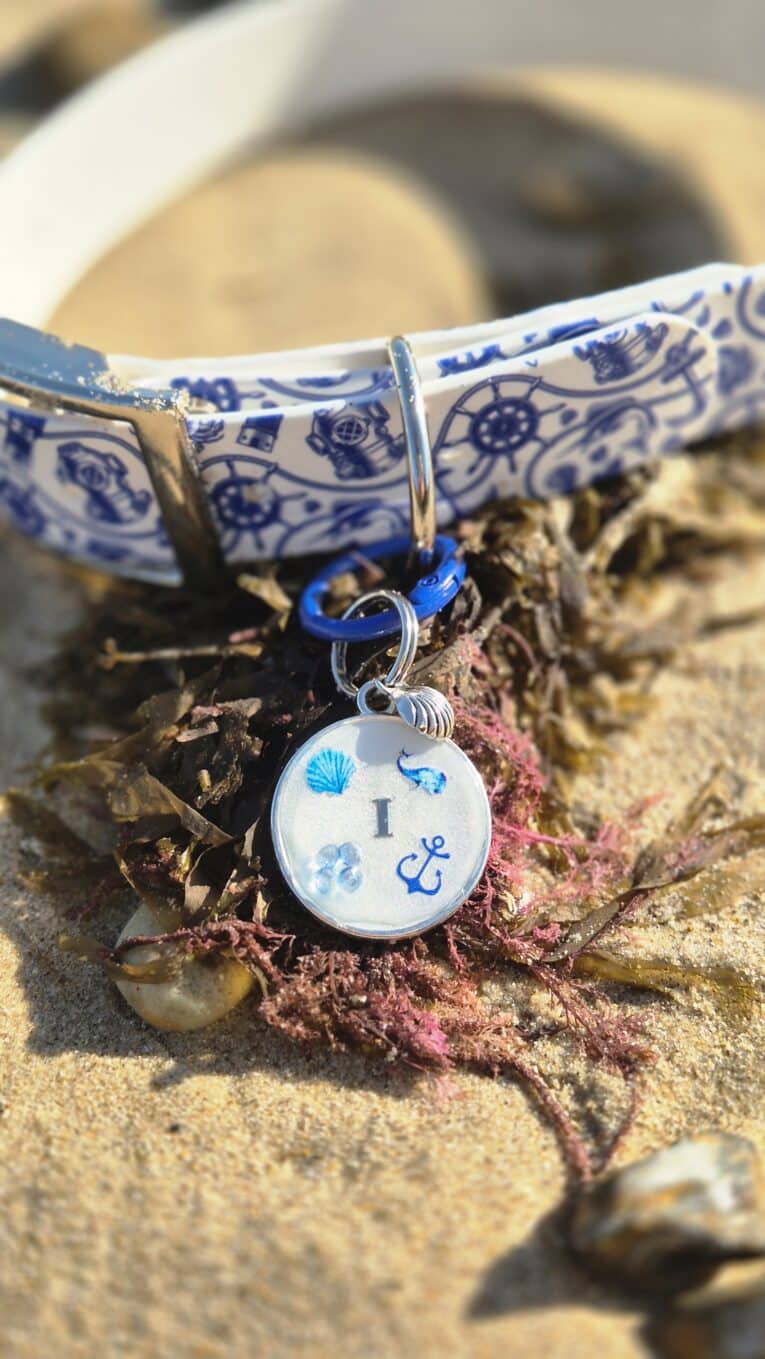 Personalised coastal-inspired BioThane collar and matching resin tag with nautical print design on sand.