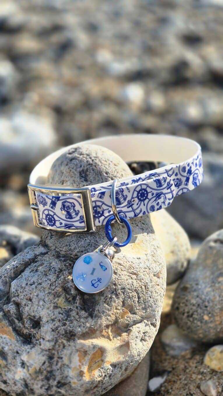 Handmade BioThane dog collar with blue nautical print design and matching ID tag on coastal rocks.
