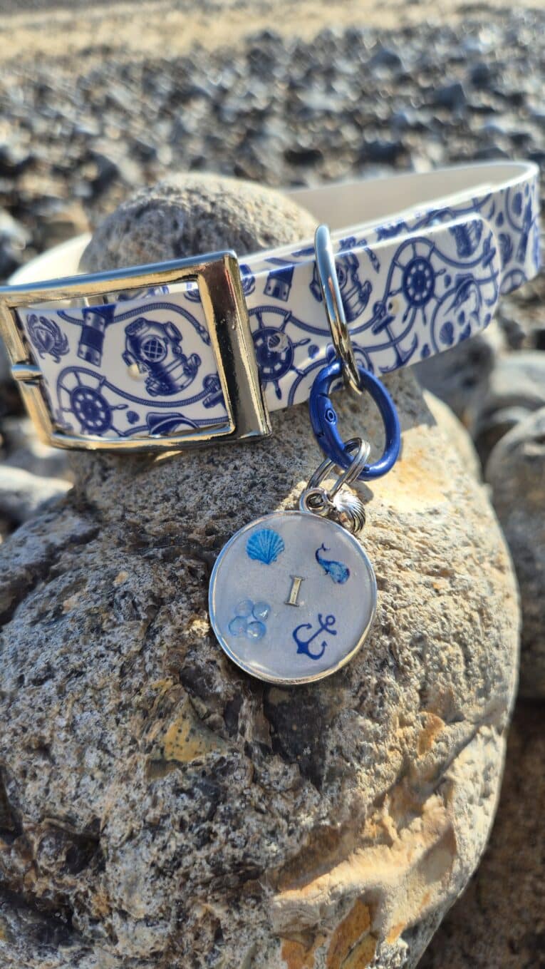 Nautical-themed BioThane dog collar with matching tag featuring maritime motifs, displayed on coastal rocks.