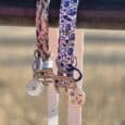 Two coastal-printed BioThane collars with matching personalised resin tags displayed against a beach backdrop.