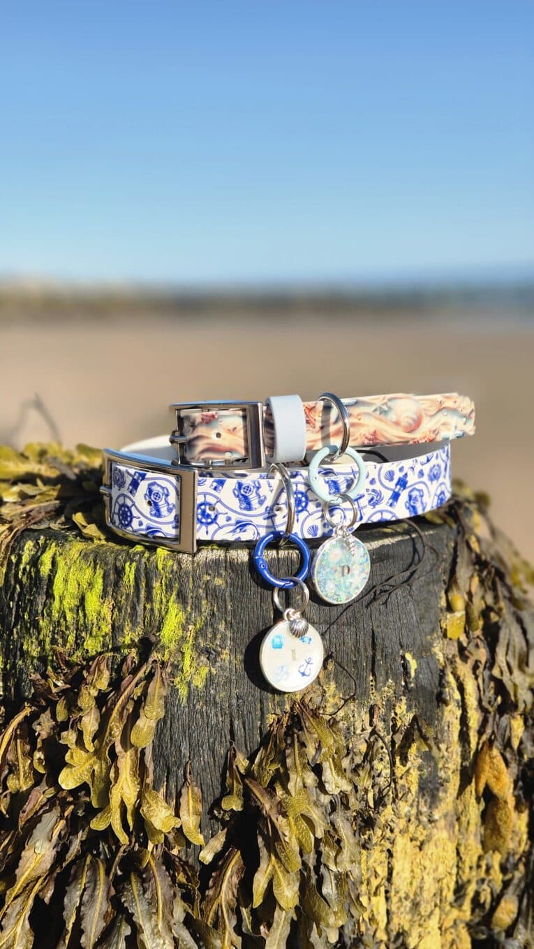 Two handmade BioThane dog collars with blue and white porcelain patterns and matching tag charms displayed on a coastal rock.