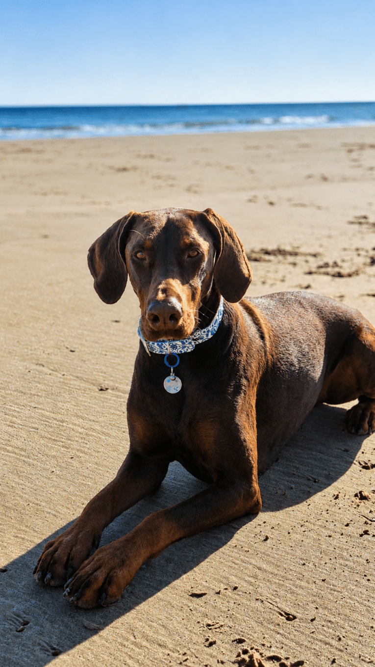 Chocolate BioThane coastal printed collar with matching personalised tag on brown dog at beach.