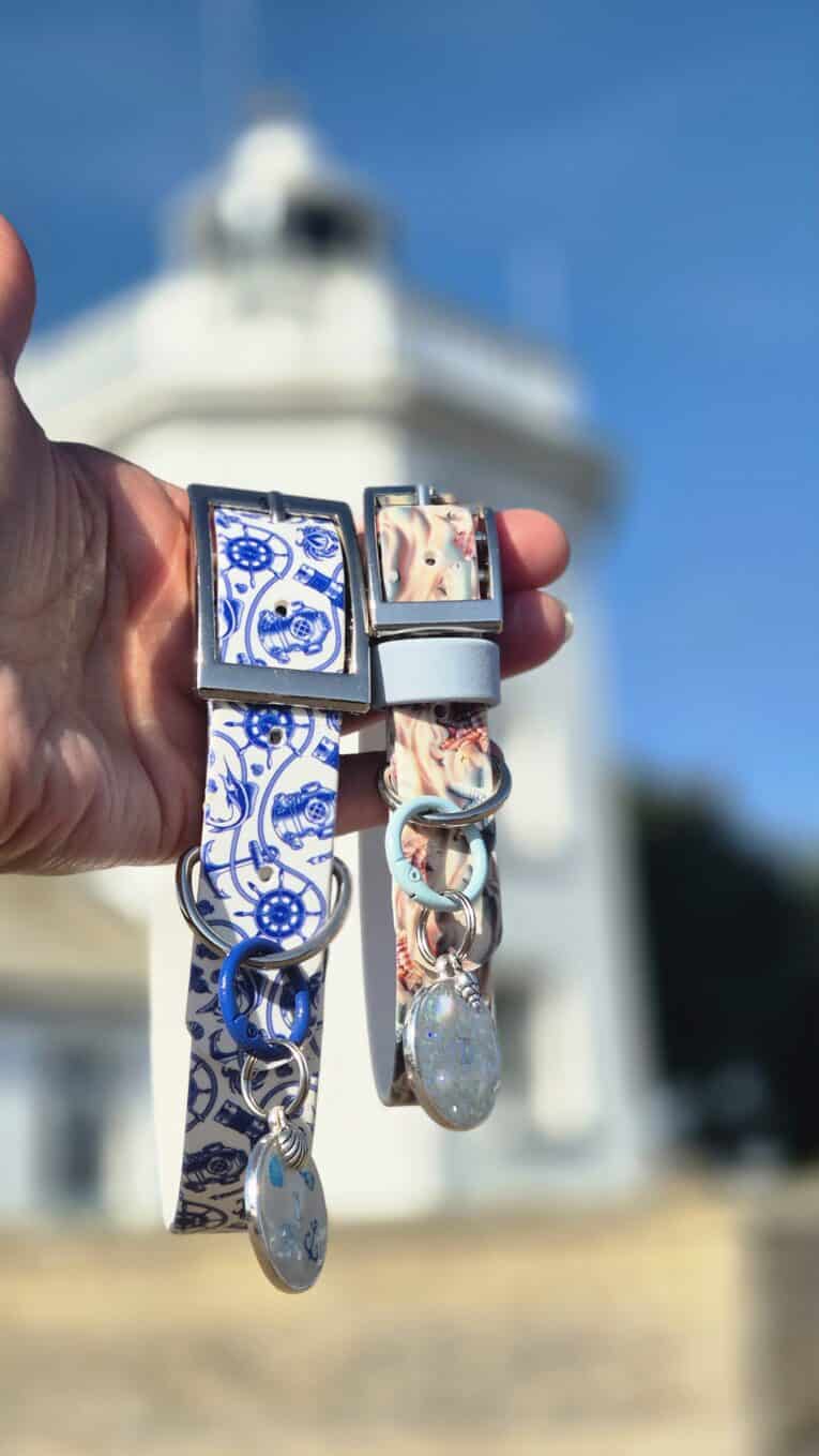 Hand holding coastal-printed BioThane collar with matching personalised resin tag against seaside backdrop.