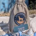 Coastal-printed BioThane collar and handmade resin tag by Lutchfords x Pawfectly Made, displayed with shells and beach accessories.