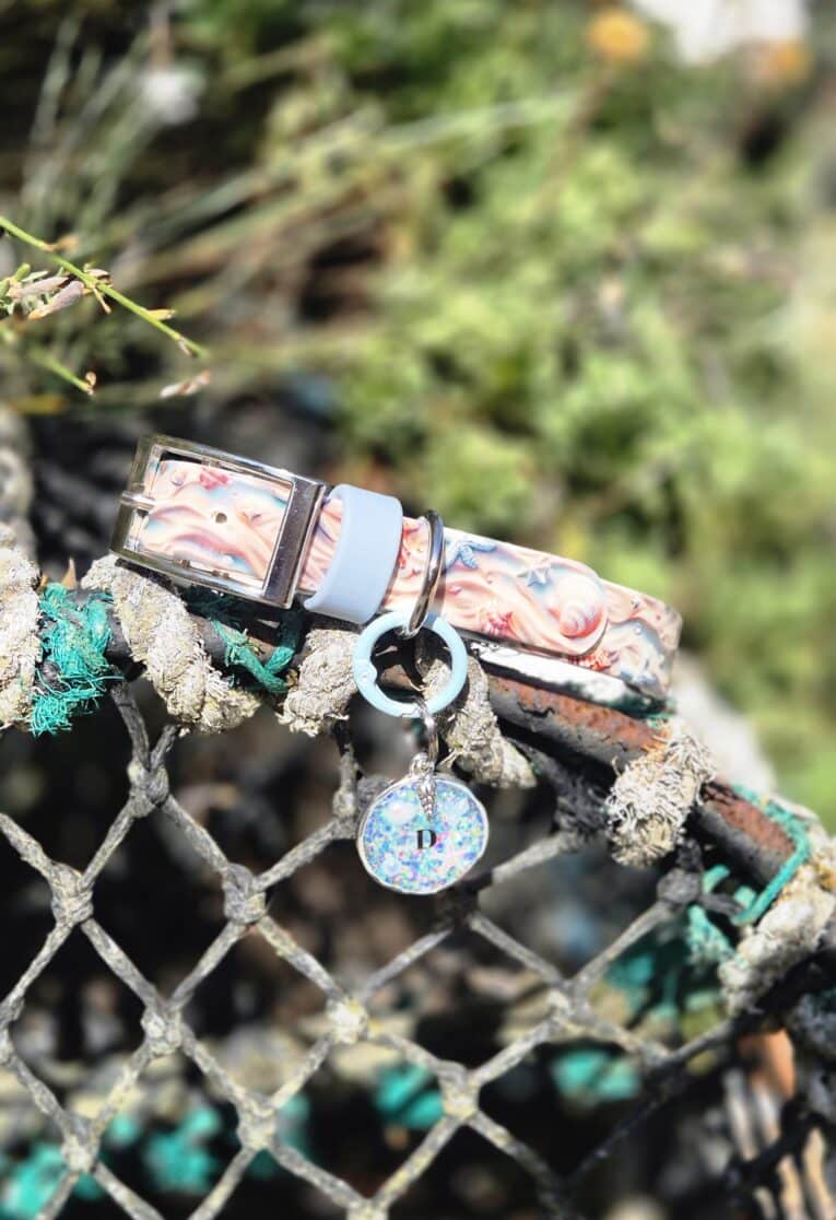 Tails of the Coast biothane collar with coastal print and matching personalised resin tag, displayed on weathered wood.