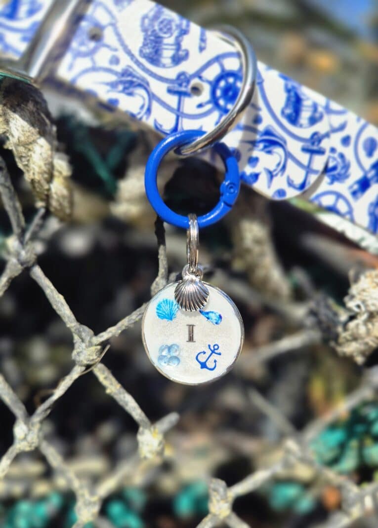 Personalised coastal-themed dog tag with initial 'I' and anchor motif, hanging from blue ring on matching nautical printed BioThane collar.