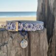 Nautical-printed BioThane collar with antique brass buckle and matching handmade resin tag, displayed on weathered wood with beach backdrop.
