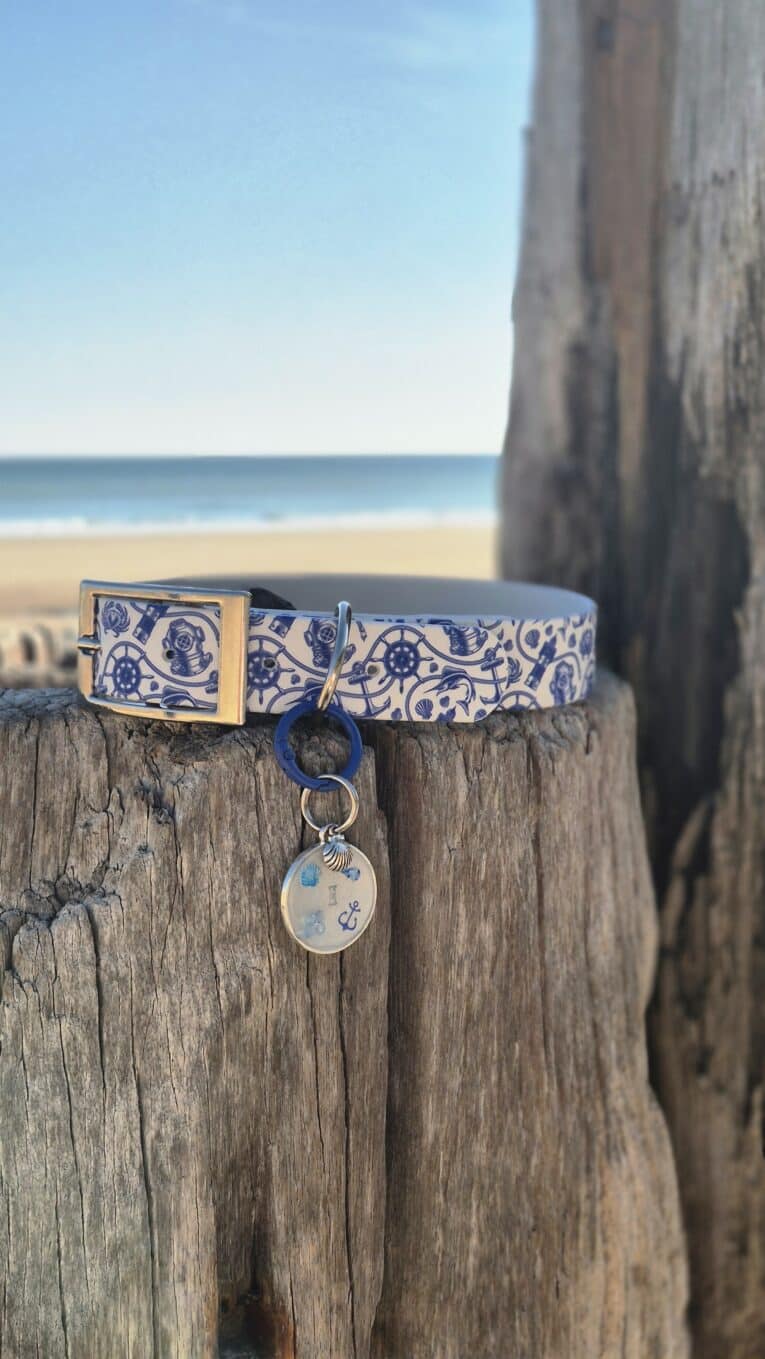 Nautical-printed BioThane collar with antique brass buckle and matching handmade resin tag, displayed on weathered wood with beach backdrop.