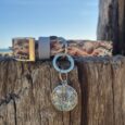 Tails of the coast biothane collar with seashell print and matching personalised resin tag featuring initial D, displayed on weathered wood by the sea.
