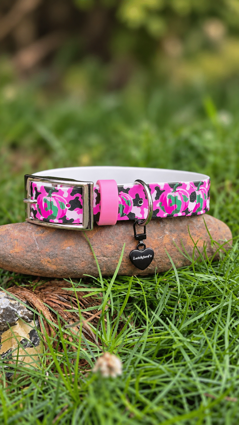 Bright pink pumpkin-print handmade BioThane dog collar with metal buckle and heart charm, displayed on stone and grass.