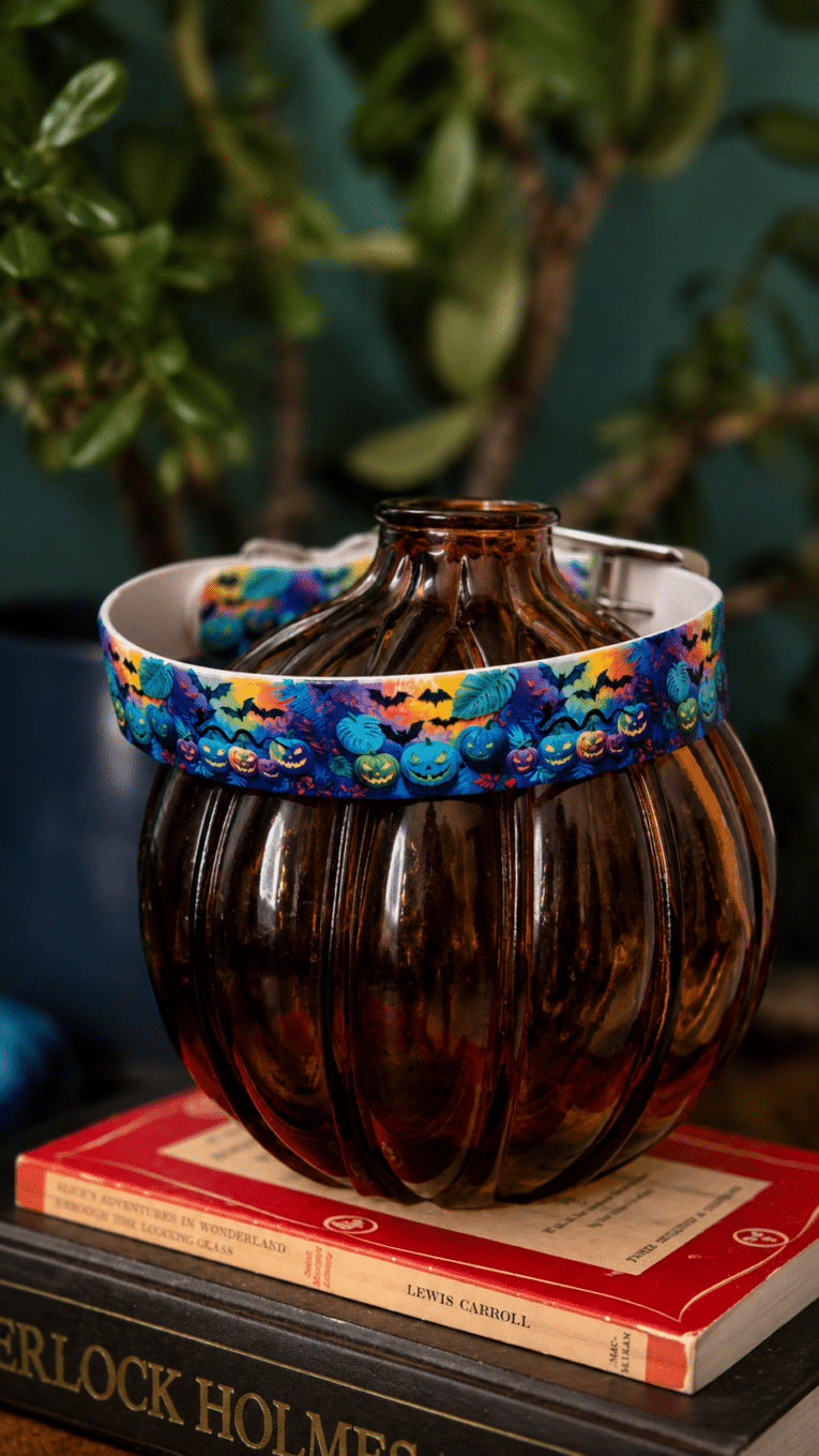 Handmade BioThane dog collar with vibrant Halloween-print design featuring pumpkins and bats, displayed on stacked books.